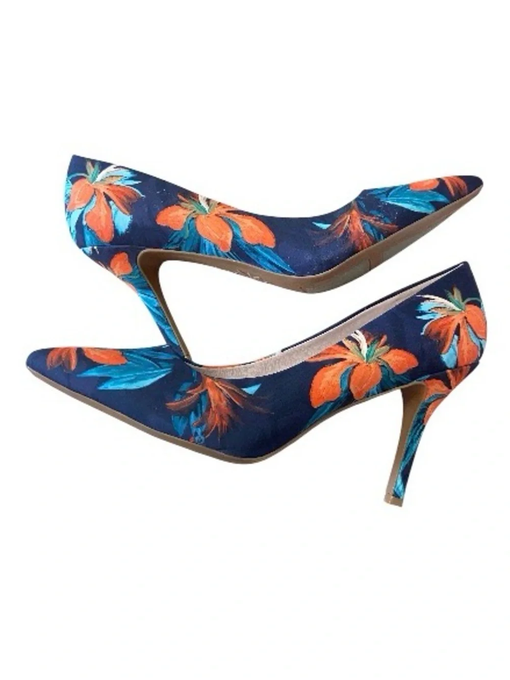 Nine West Tatiana Tropical Floral Blue Orange Fabric Pointed Toe Heels 10M